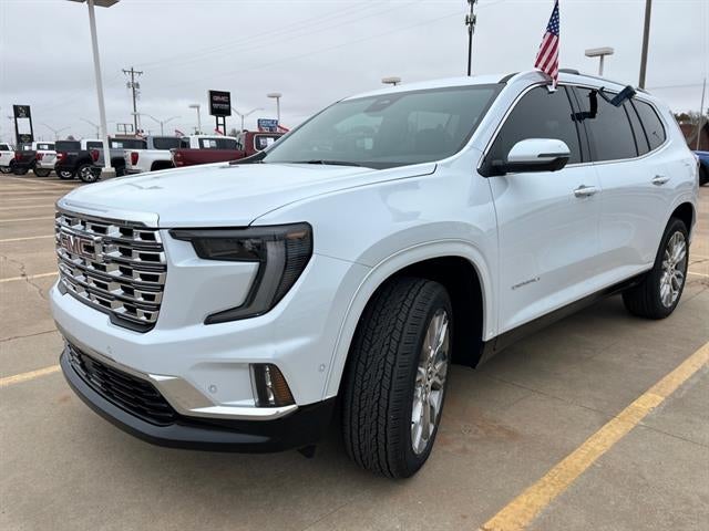 2026 GMC Acadia Denali in Glacier White Tricoat — front three-quarter view